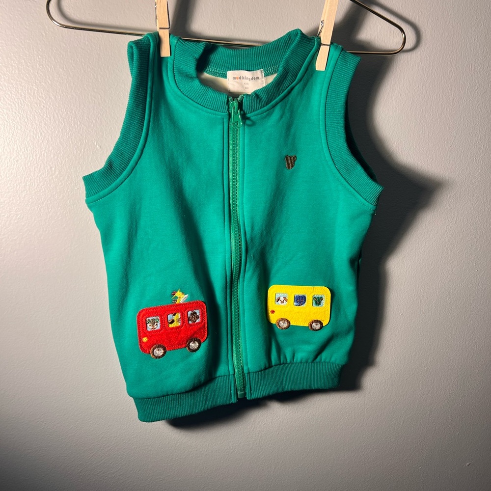 Teal Zip-Up Vest with Colorful Bus Patches